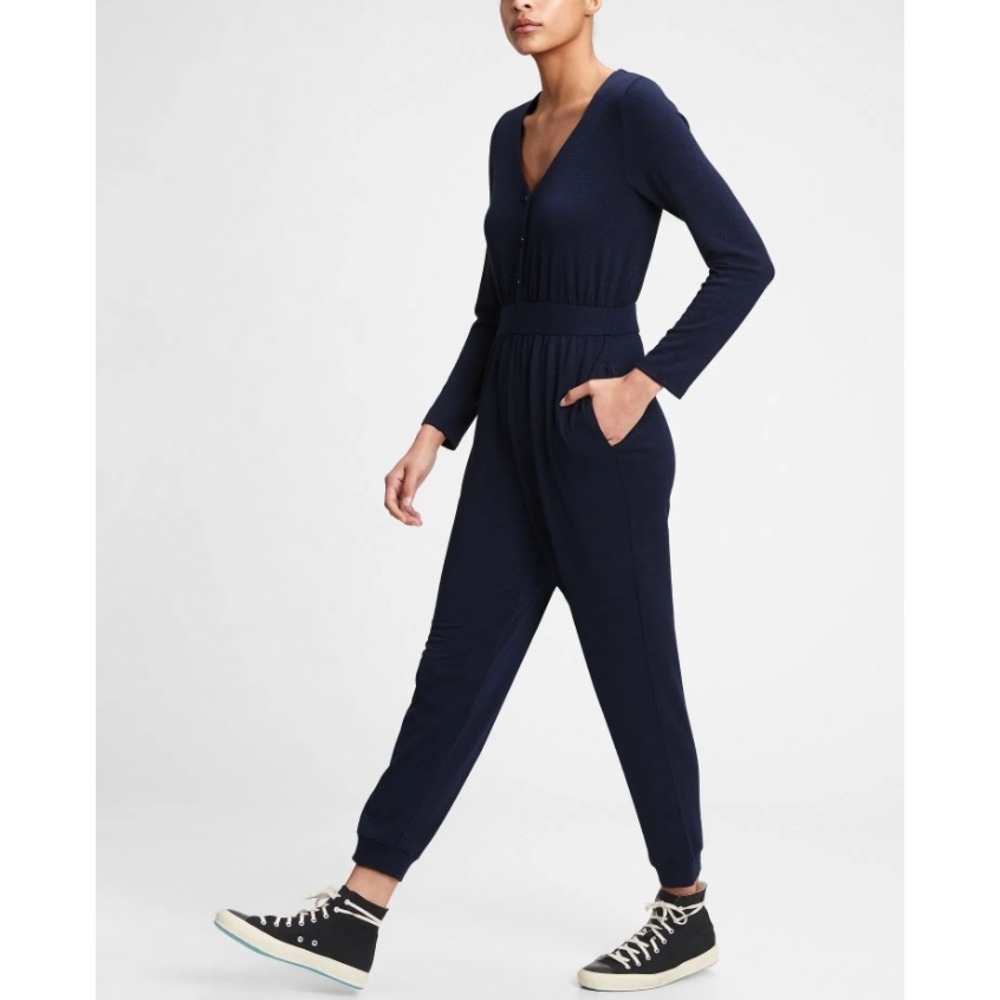 GAP Medium Knit‎ Lounge Cozy Jumpsuit Navy Blue Uniform Long Sleeves